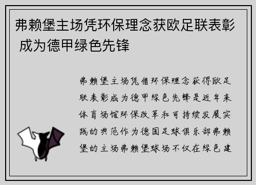 弗赖堡主场凭环保理念获欧足联表彰 成为德甲绿色先锋